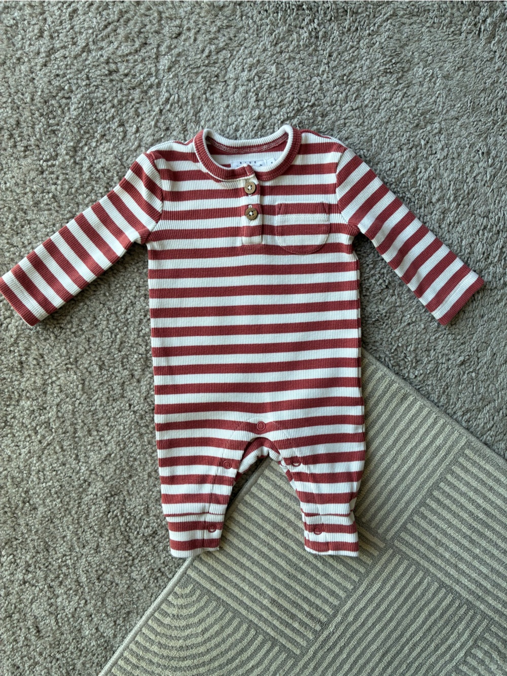 Rise Little Earthling Brick Red and White Striped Kids One-Piece Romper
